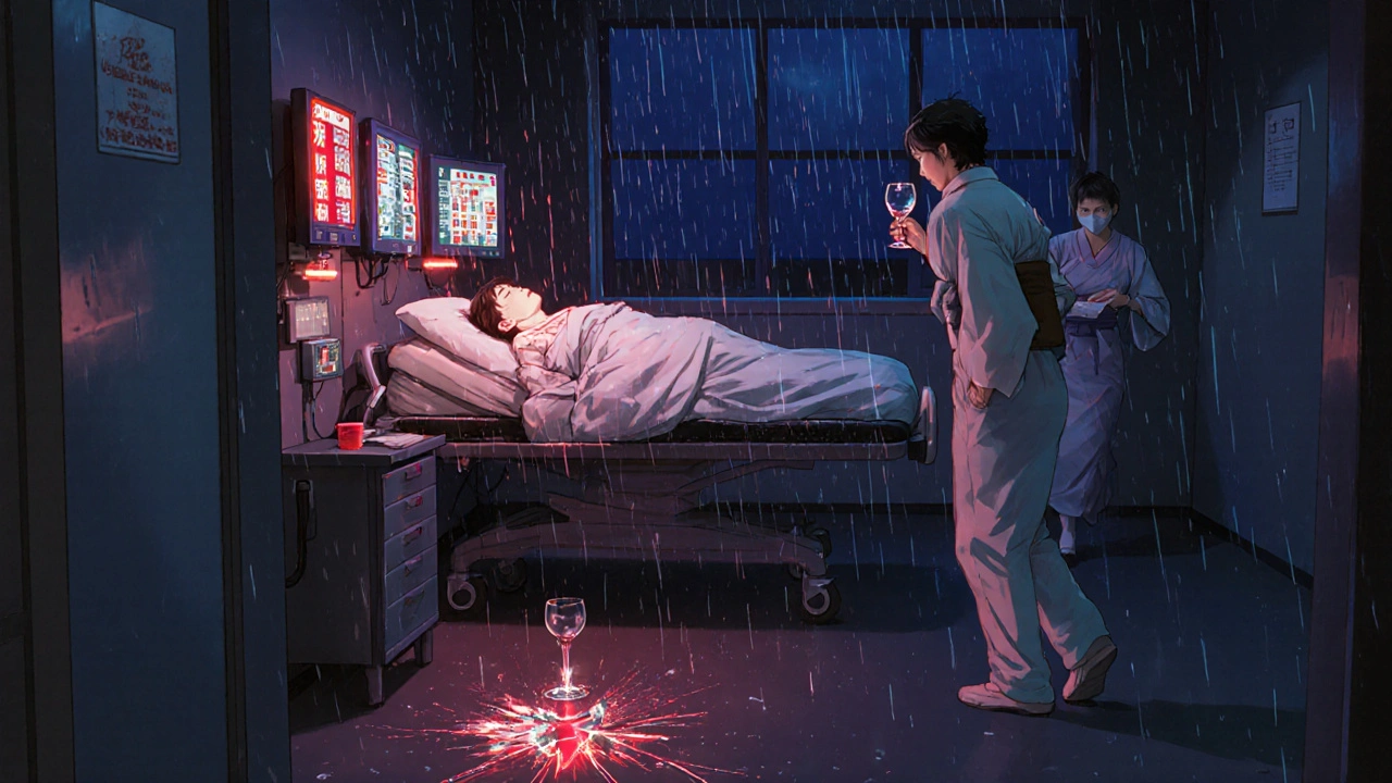 Ein Patient im Krankenhaus mit kritisch niedrigem Puls, Ärzte eilen um ihn, ein zerbrochenes Weinglas liegt am Boden.