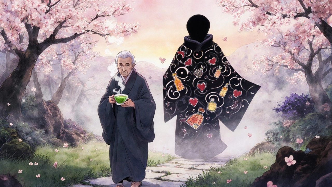 Eine ältere Person trinkt grünen Tee im Garten, während eine schattenhafte Alkoholgestalt in Nebel verschwindet.