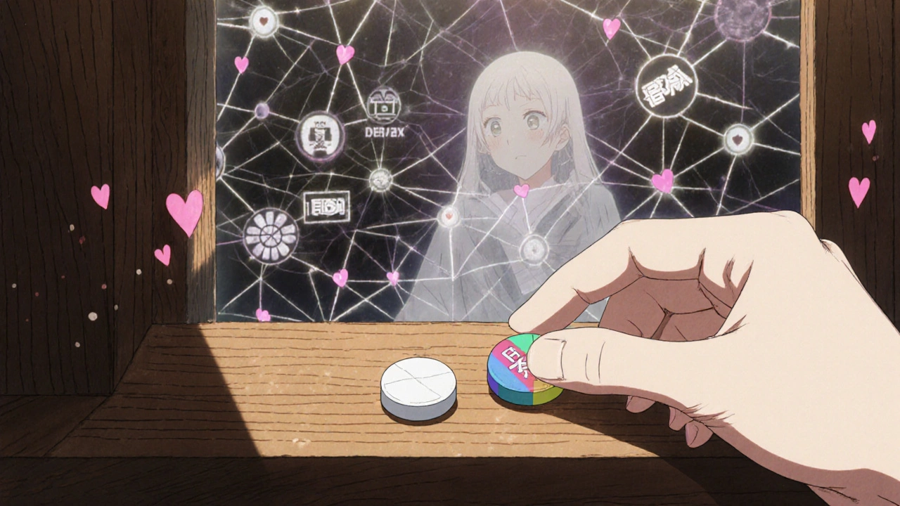 Eine Hand legt eine Generikum-Pille neben eine Markenpille, sanfte Lichtschatten und verborgene medizinische Symbole umgeben sie.