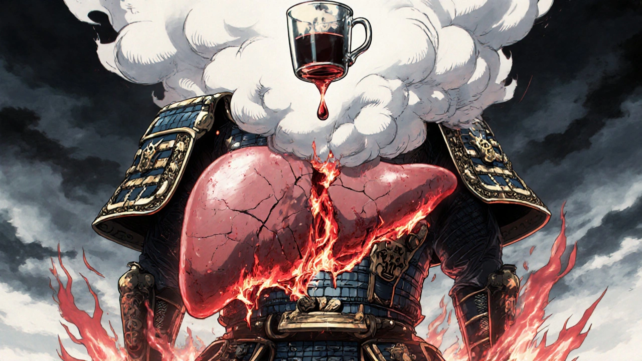 Geschädigte Leber als brennende Samurai-Rüstung, darstellend alkoholische Hepatitis.