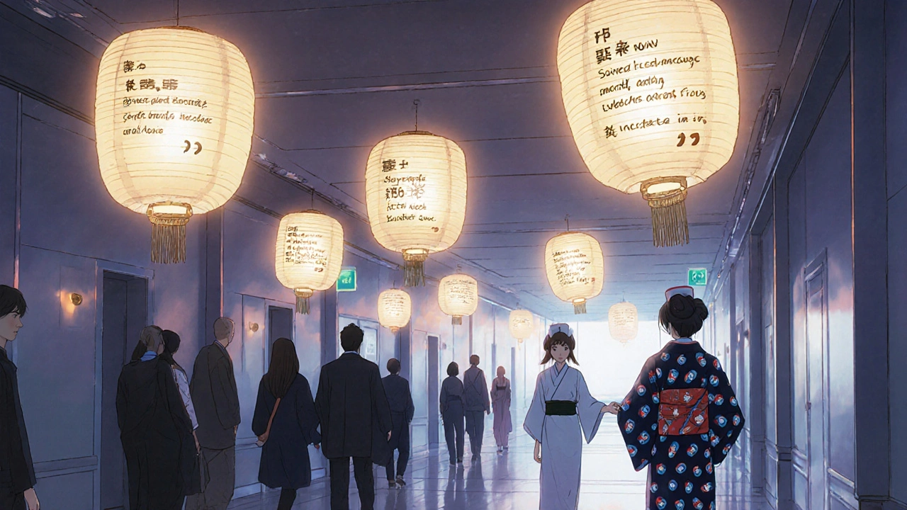 Glowende Lichter mit Patientenerfahrungen schweben über einem Krankenhausflur, eine Pflegekraft führt einen zögernden Patienten.