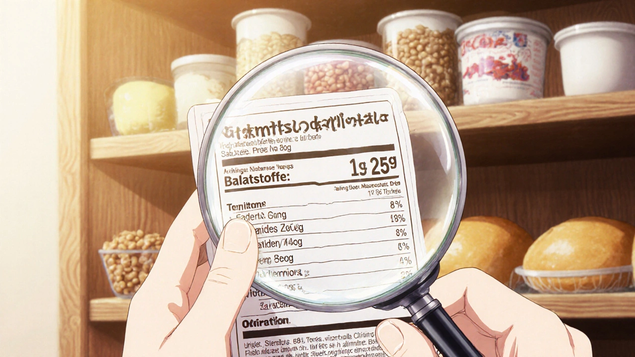 Hand hält Lebensmittelverpackung mit vergrößertem Nährwertetikett und Kohlenhydrat-Berechnung.