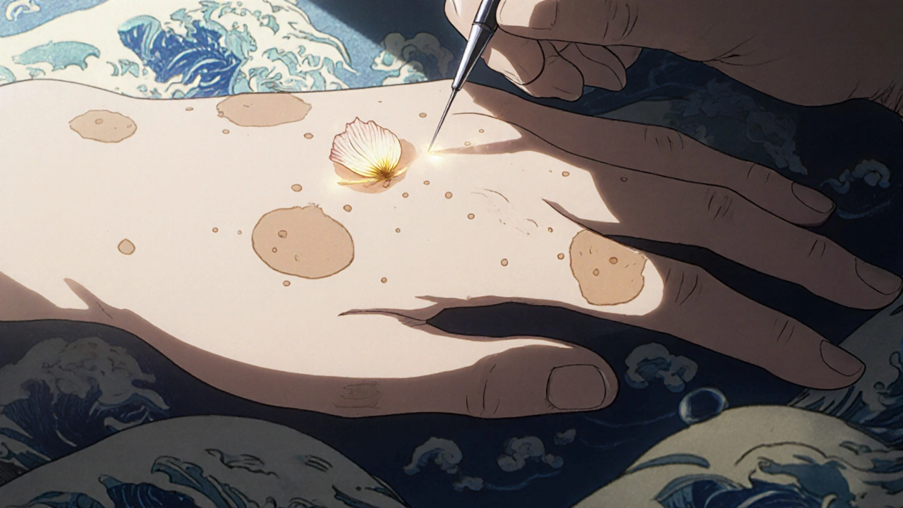 Hand mit Mikropigmentierung, feine Punkte leuchten sanft, traditionelle Wellen umgeben den Arm.