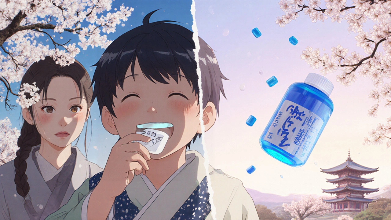 Kind kaut eine farbverändernde Tablette, die von Weiß zu Blau leuchtet.