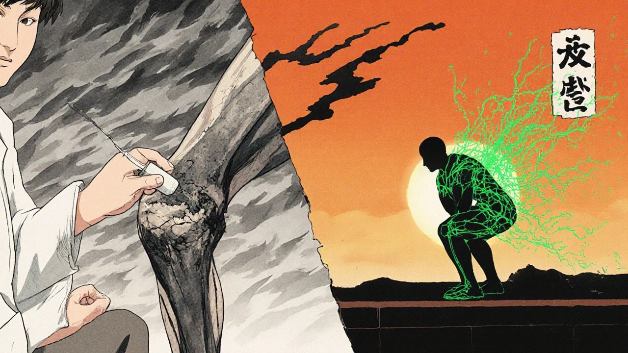 Kontrast: zerbrechende Sehne durch Kortison vs. regenerierende Patellasehne durch Krafttraining, mit stilisiertem Himmel.