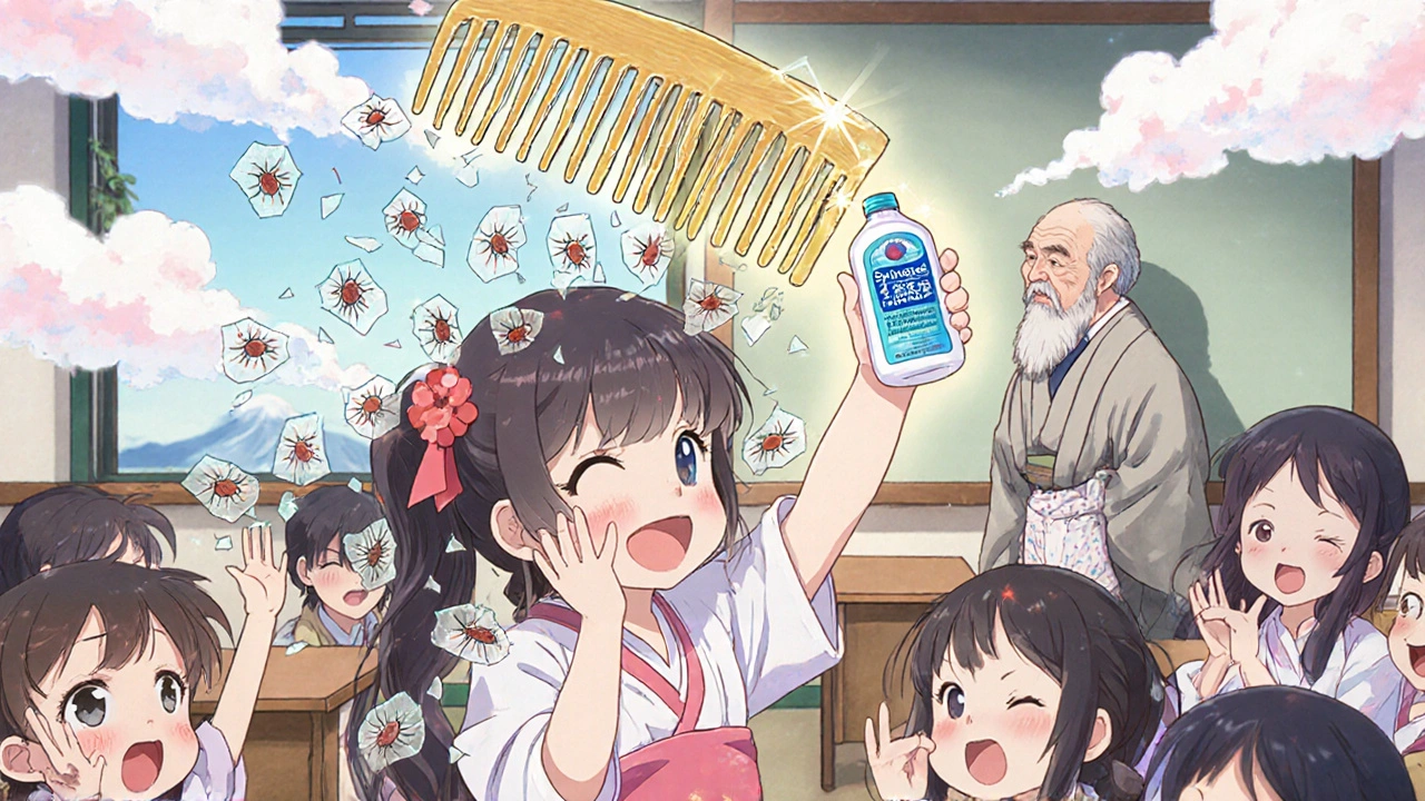 Mädchen mit Spinosad-Lösung, Läuse verwandeln sich in Blütenblätter, Klasse feiert siegessicher.