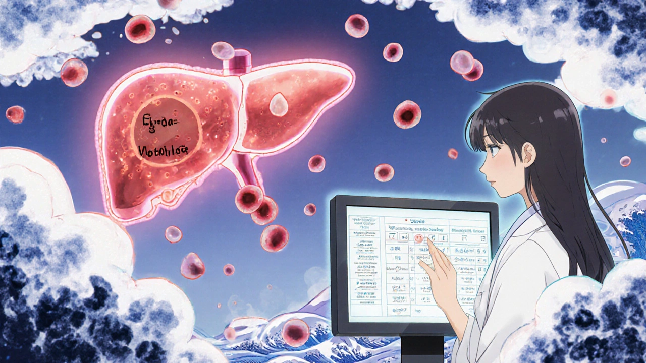 Medizinisches Labor mit schwebenden Blutwerten und Leber, die erhöhte Fettwerte anzeigt, in traditionellem japanischem Stil.