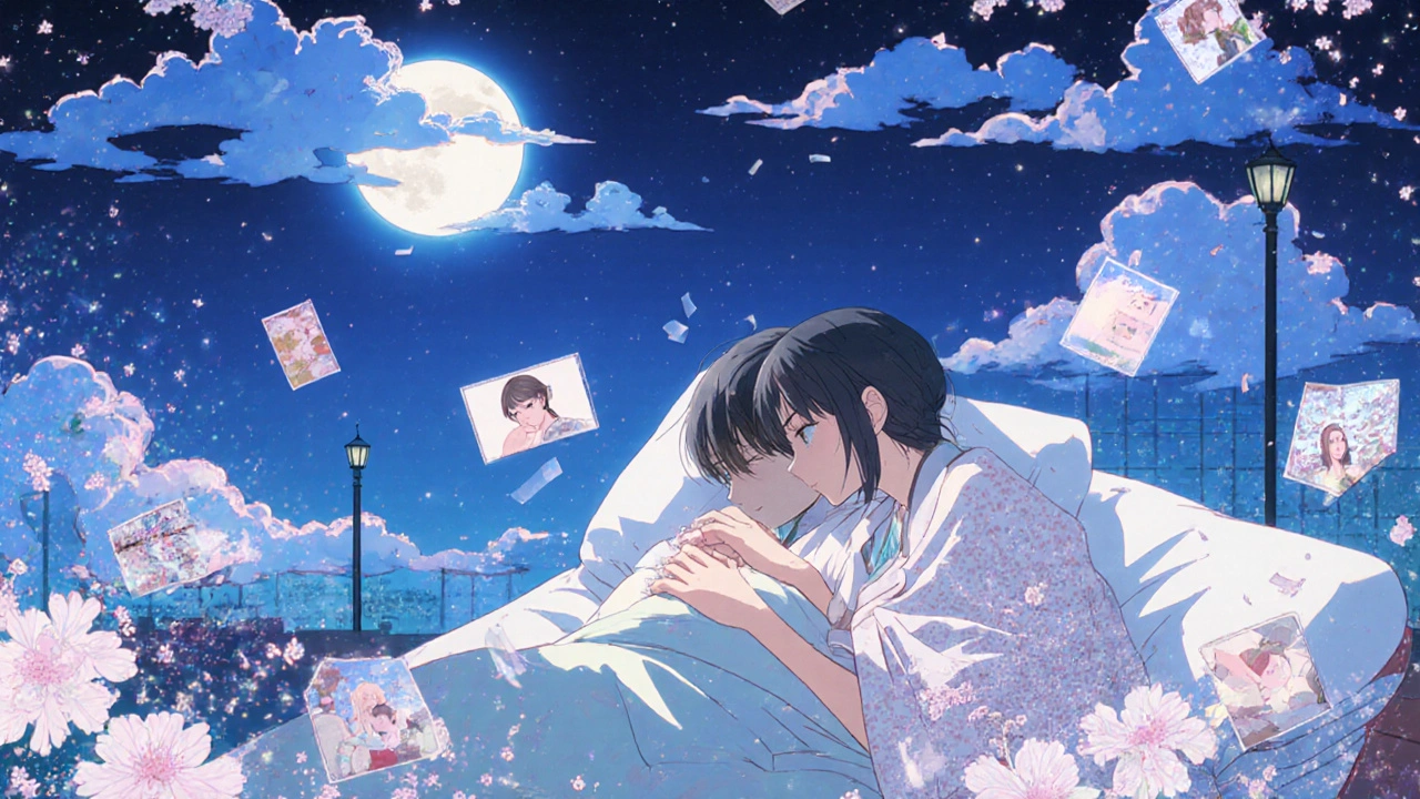 Paar liegt nebeneinander, erinnert an verlorene Intimität, zerfließende Kirschblüten und digitale Glitch-Muster umgeben sie.