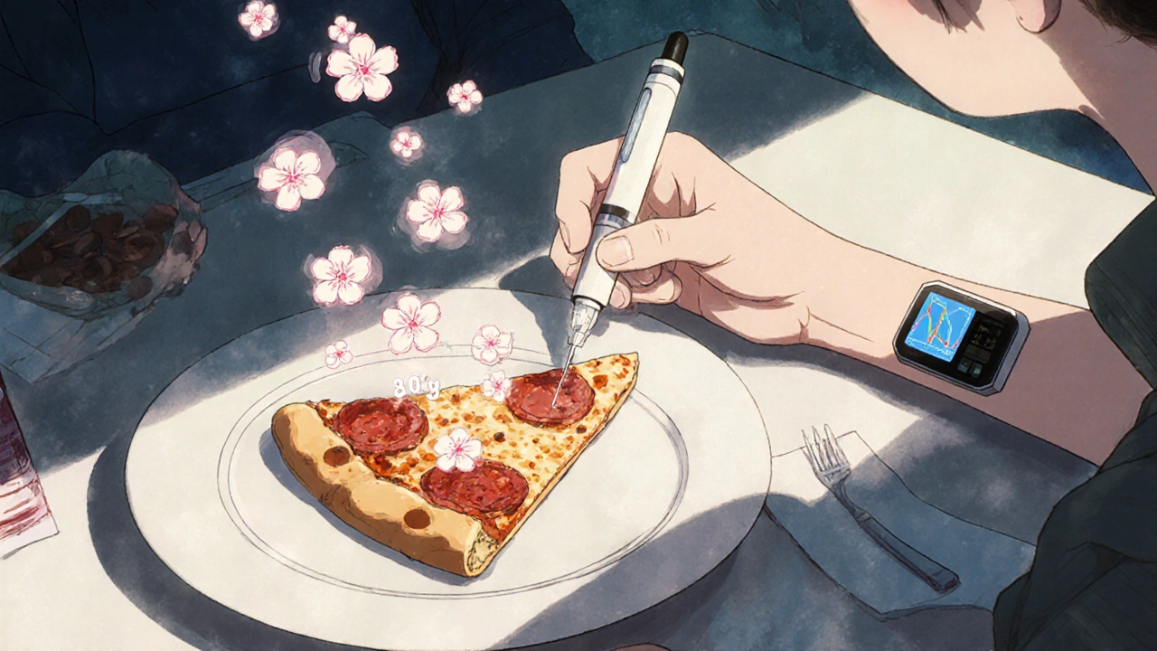 Person isst Pizza mit Insulinpen und CGM-Gerät, Kohlenhydrate schweben wie Blüten.