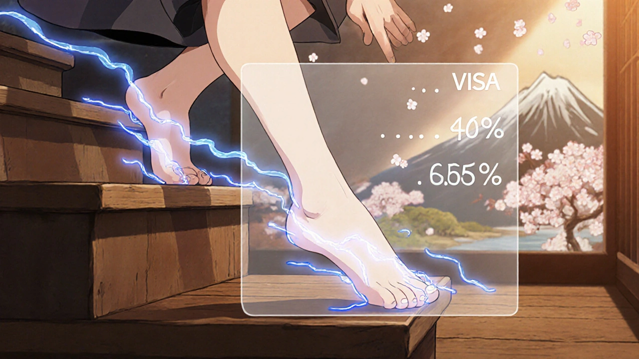 Physiotherapeut führt Patientin durch exzentrisches Fersenheben auf einer Stufe, mit Energiebahnen und VISA-Score-Überlagerung.