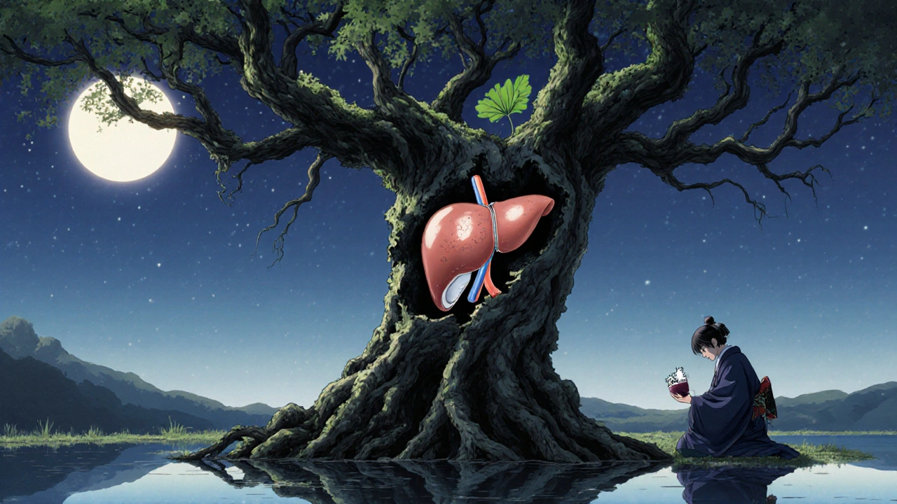 Verknotete, versteinerte Leberbaumstruktur mit Narbengewebe, Symbol für Zirrhose.