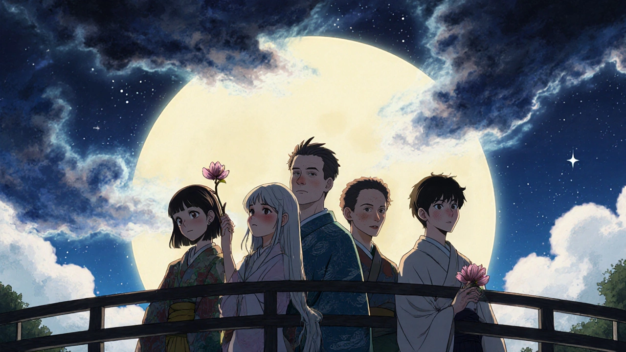 Verschiedene Patienten auf einer Brücke bei Mondlicht, ihre Haut klar, Akne löst sich in Sternenlicht auf.