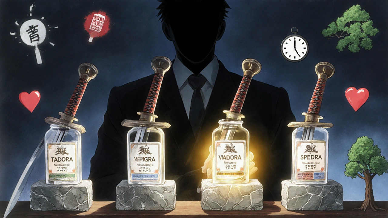 Vier Potenzmittel als Samurai-Schwerter auf einer Apothekenregal, Tadora mit goldenem Glanz.