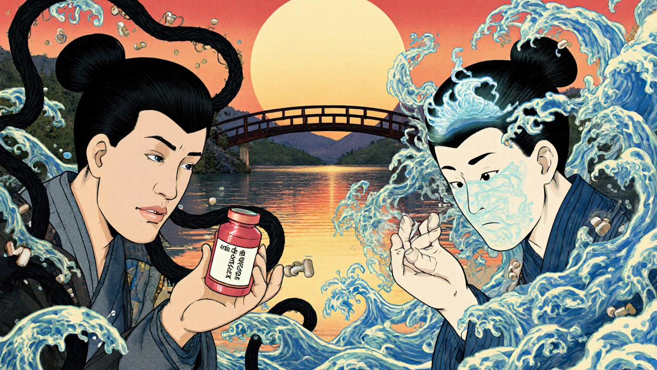 Zwei Figuren halten verschiedene Statin-Tabletten; eine beeinflusst das Gehirn, die andere nicht.