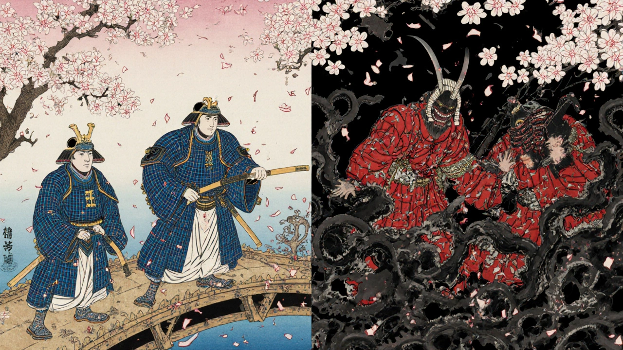 Zwei Seiten: sichere Statine als ruhige Samurai, gefährliche Statine als zerschmetterte Krieger, von Pilzschlangen umgeben, Kirschblüten fallen.