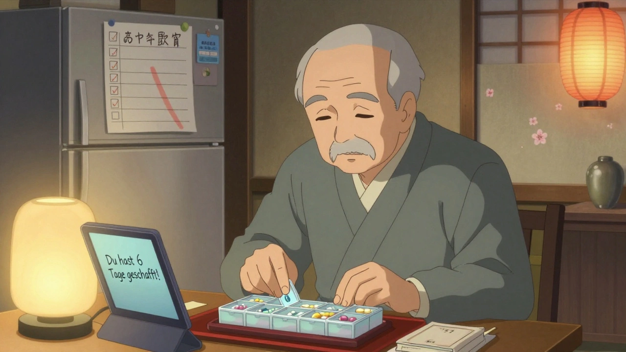 Alter Mann füllt am Sonntag eine siebentägige Pillenbox mit farbigen Tabletten.