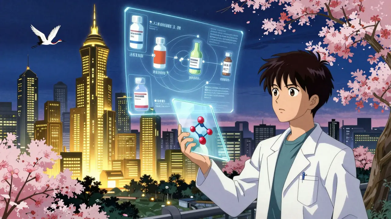 Anime-stil: Futuristische Apothekenstadt mit leuchtenden Pharmafabriken, ein Wissenschaftler hält eine transparente Tablette.