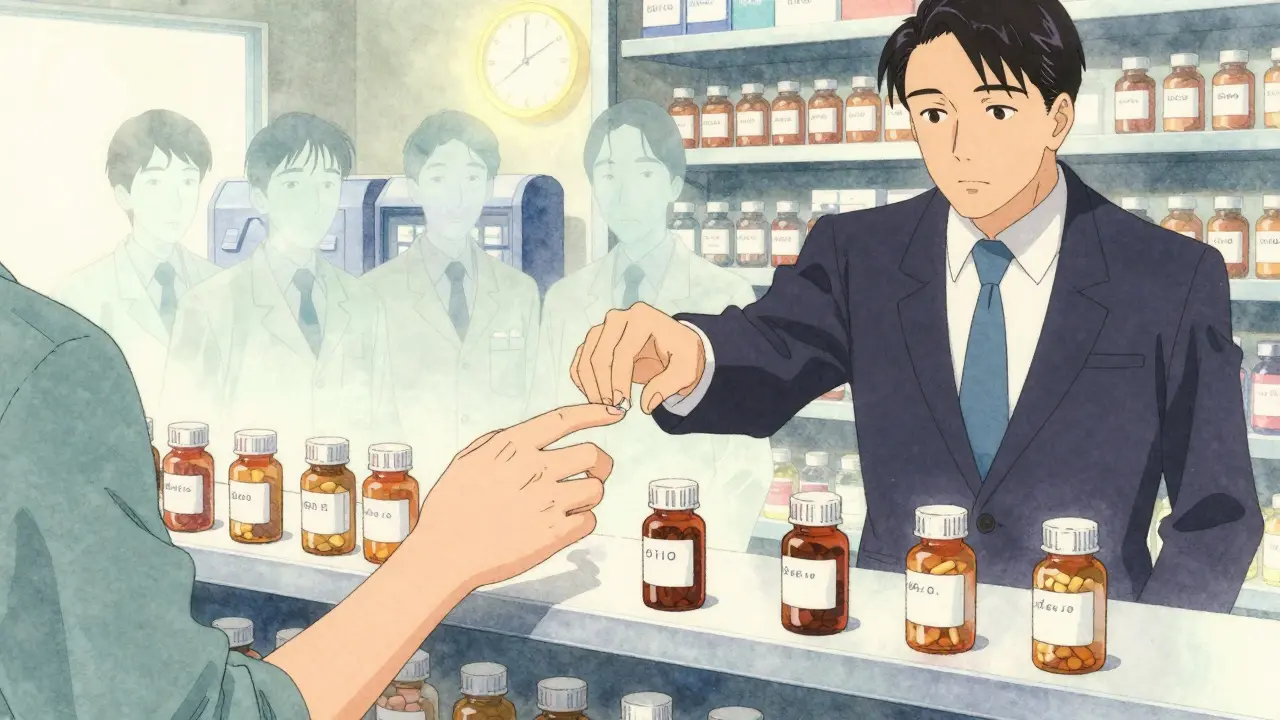 Anime-stil: Zwei Hände greifen nach einer Pillenflasche, hinter ihnen sehen geistige Figuren der Regulierungsbehörden zu.