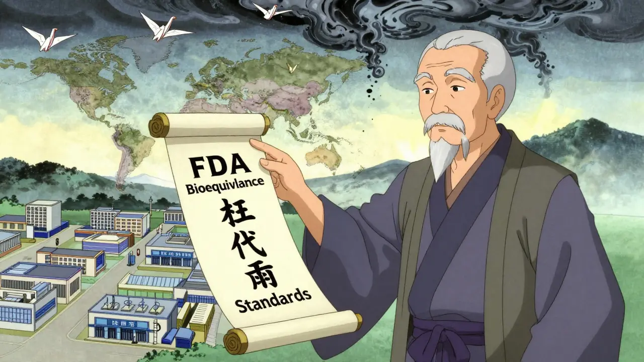 Apotheker zeigt eine Scroll mit FDA-Standards, während Papierkraniche globale Produktionsstätten darstellen.