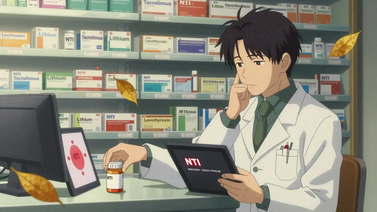 Apotheker zögert vor Generika-Flasche, Tablet mit Warnung, Regale mit NTI-Medikamenten im Spiegel, Herbstblätter schweben.