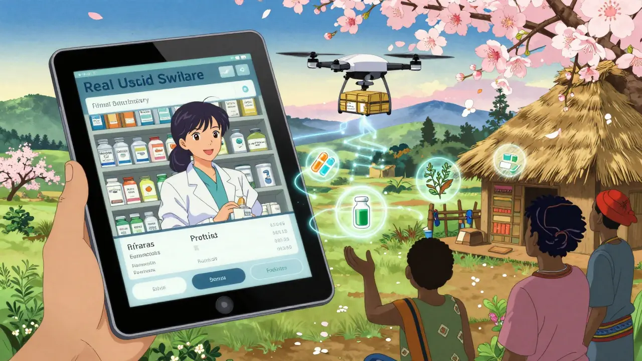 Apothekerin in Ruanda empfängt Medikamente per Drohne, digitale Datenströme und Blüten umgeben sie.