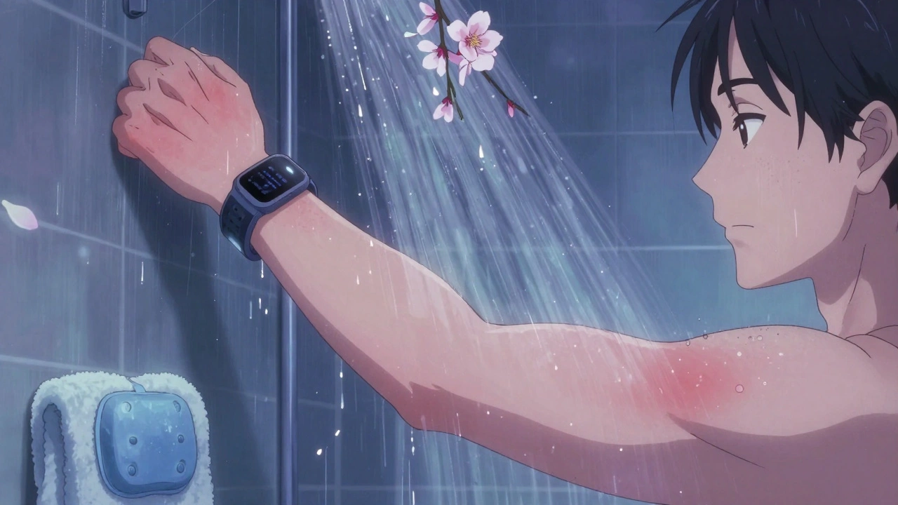 Arm unter kühlem Duschwasser, die Ausschläge verschwinden langsam.