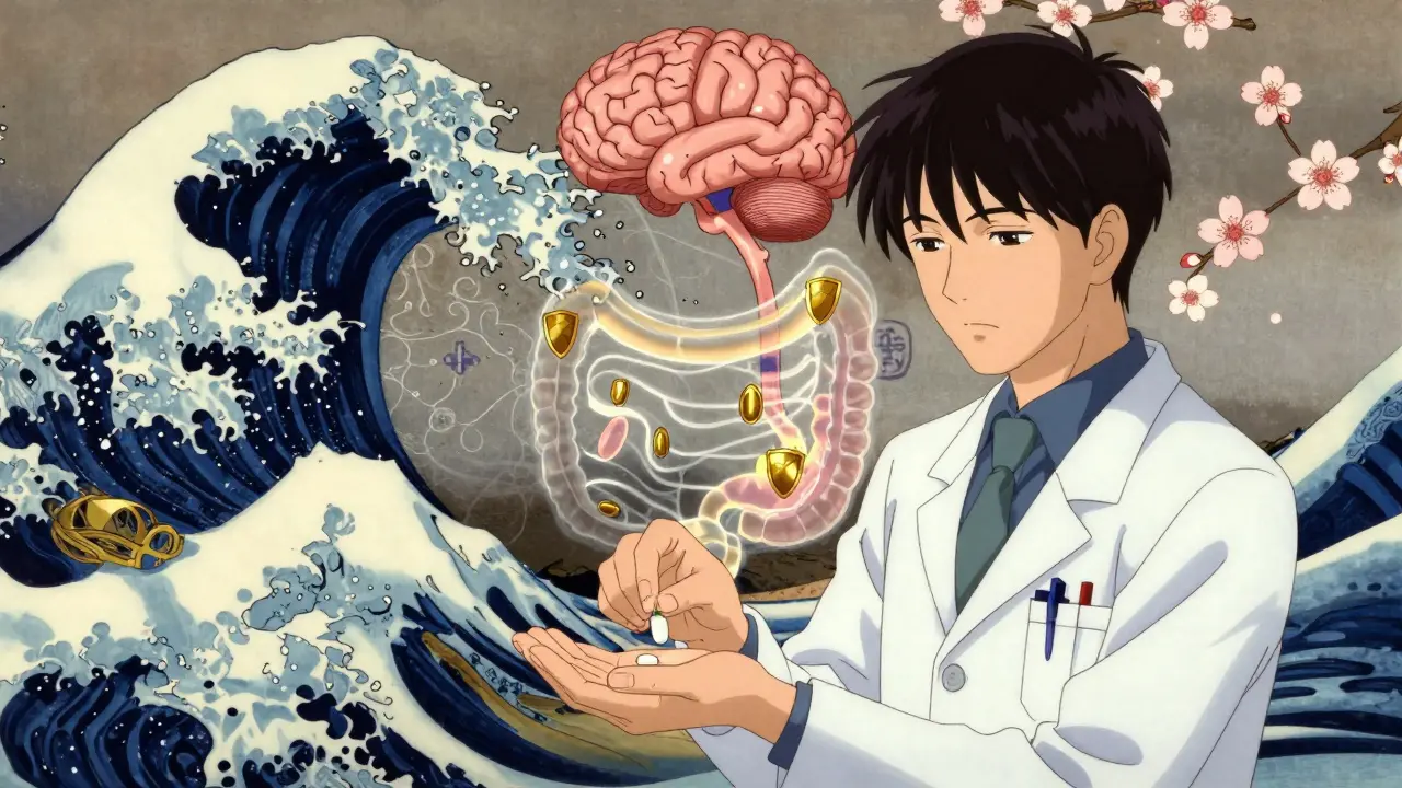 Arzt gibt Patientin eine Pille, während ihre Darmrezeptoren durch goldene Schilder geschützt werden.