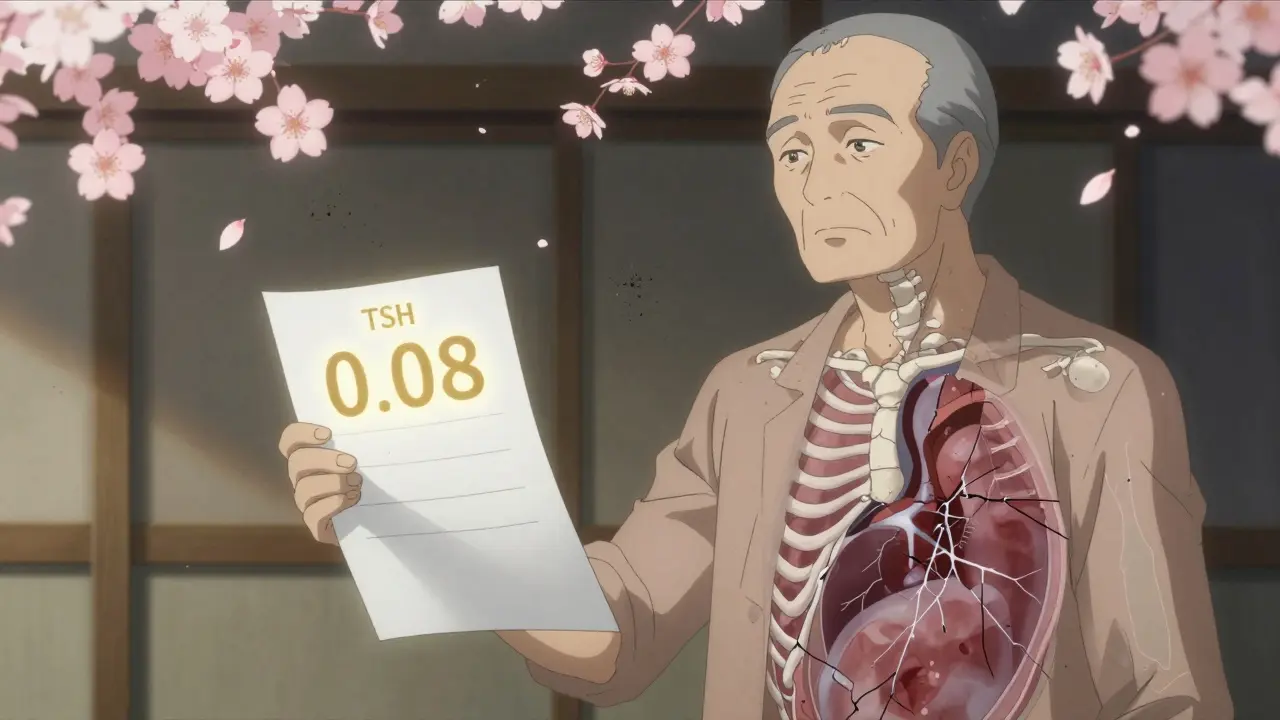 Arzt hält Bluttest mit kritisch niedrigem TSH-Wert, während innere Herz- und Knochenveränderungen als Transparenzeffekte sichtbar werden.