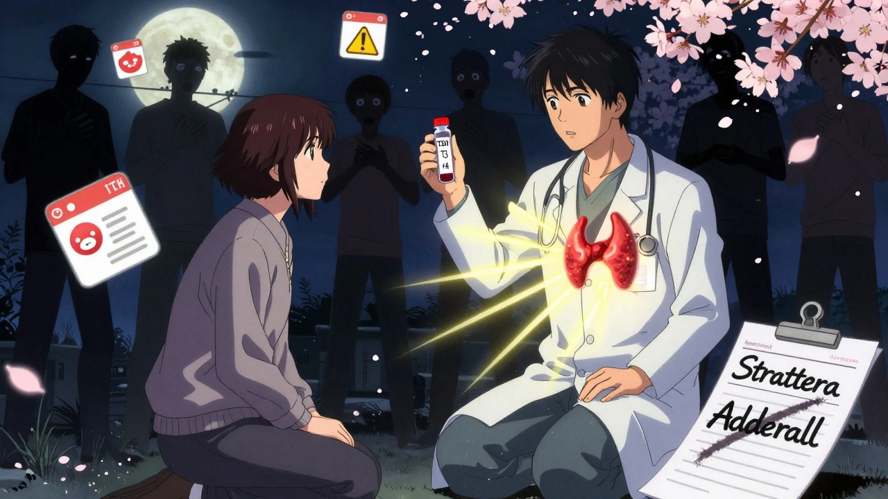 Arzt hält Bluttest, Patient halb in Schilddrüse verwandelt, mit Warnsymbolen und Strattera-Rezept im Hintergrund, Anime-Stil.
