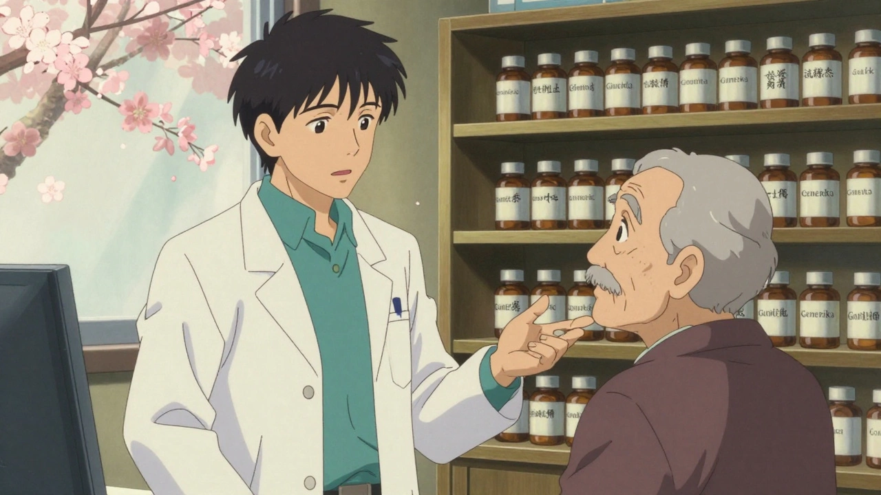 Arzt und Apotheker erklären einem älteren Patienten ein Generikum in einer gemütlichen Apotheke mit Kirschblüten.