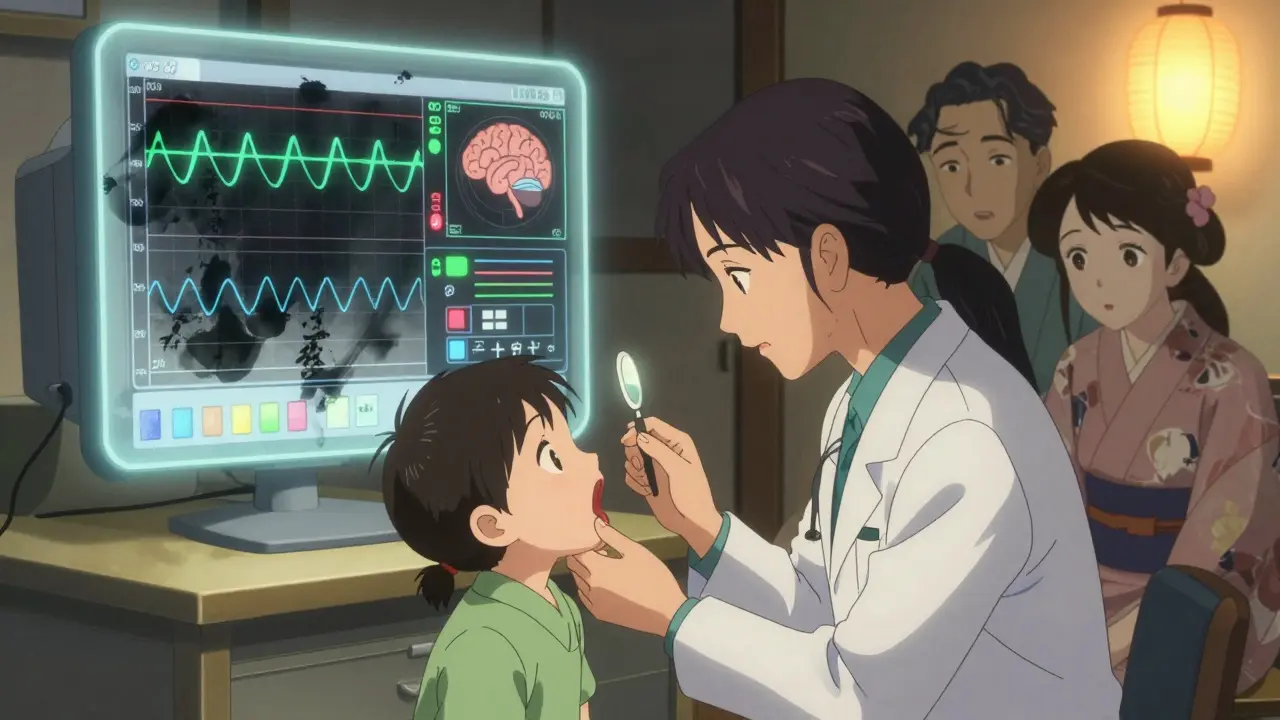 Arzt untersucht Kindes Rachen, darüber schweben Schlafstudien-Daten als japanische Tintenmalerei, Eltern beobachten.