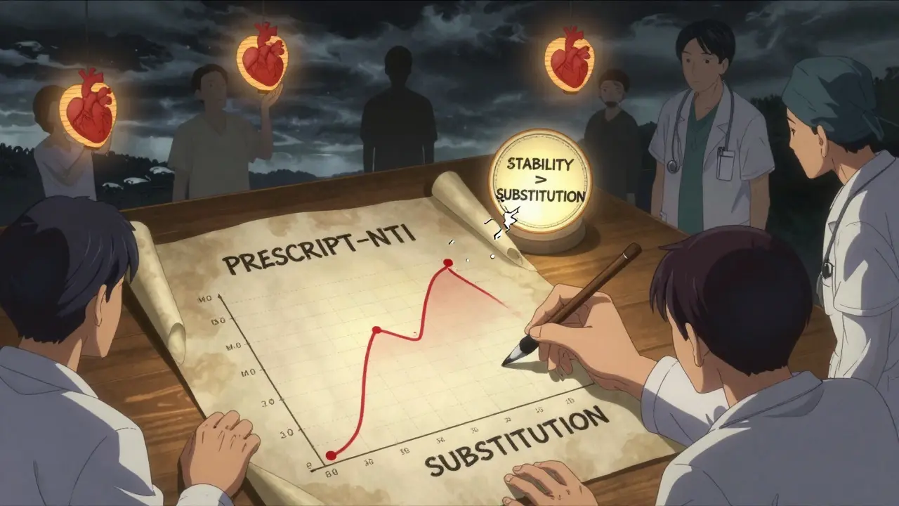 Ärzte betrachten Studiendaten auf Pergament, Patienten als Silhouetten mit Herzen als Laternen, japanische Kalligraphie leuchtet.