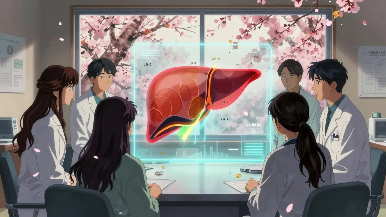 Ärzte diskutieren eine Leber-Hologrammdarstellung mit LI-RADS-Farben in einem ruhigen Raum.