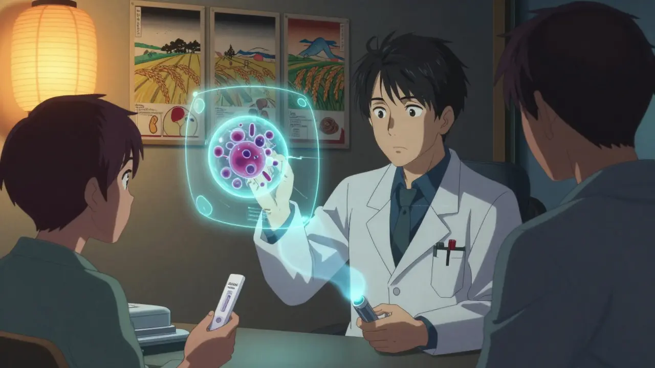 Doctor holding a glowing blood test while patient uses a breath test device, ukiyo-e inspired medical room.