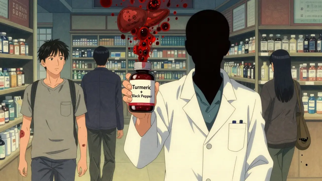 Ein Apotheker hält eine Kurkuma-Kapsel, aus der ein Blut- und Leberwirbel emporsteigt, während Patienten unbemerkt davonlaufen.