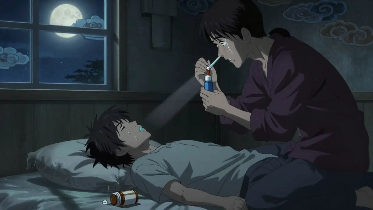 Ein Elternteil gibt Naloxon an einen bewusstlosen Jugendlichen in einem dunklen Zimmer.