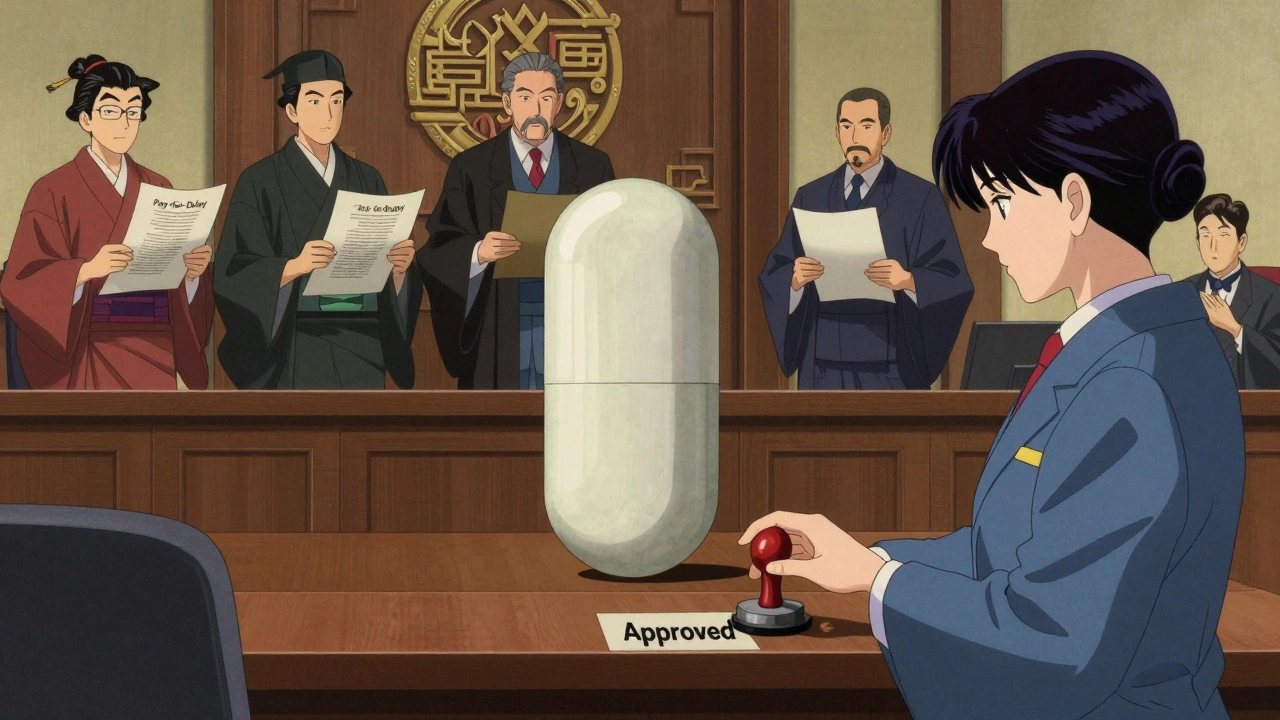 Ein Generikum steht in einem traditionellen japanischen Gerichtssaal, umgeben von Anwälten mit Patentrollen, während eine FDA-Inspektorin zögert.