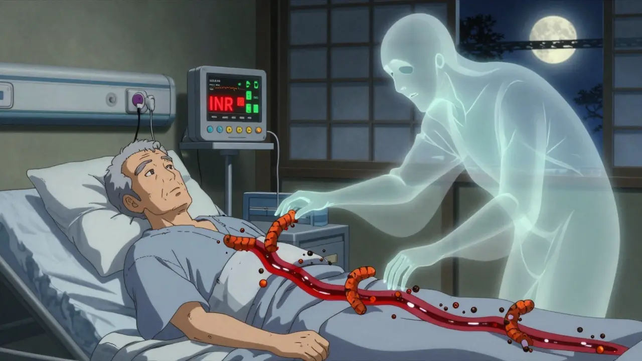 Ein Krankenhausbett mit Alarmanzeigen, während turmeric- und pfefferförmige Geister die Blutgerinnung beeinflussen.