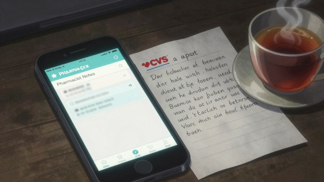 Ein Smartphone zeigt eine verzögerte Apotheker-Beratung in der App, daneben liegt ein klarer handschriftlicher Zettel.