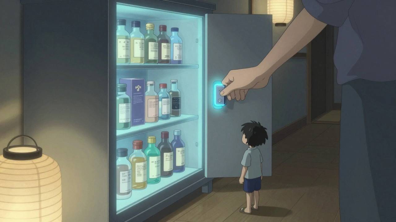 Ein verschlossener Medikamentenschrank in einem Flur, ein Kind steht darunter und kann nicht erreichen.