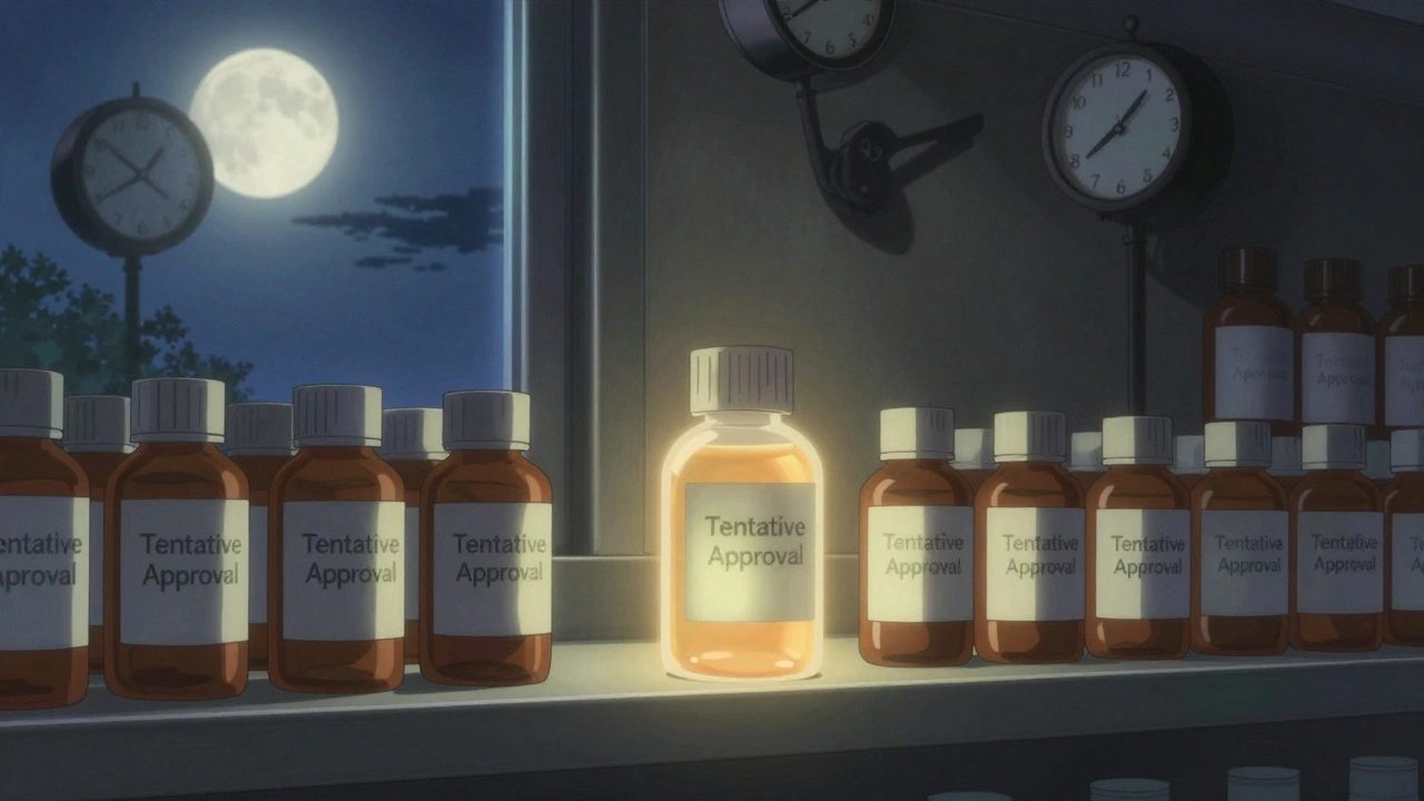 Eine Apothekenregal mit ungenutzten Medikamenten, eines davon strahlt golden, während Schatten von rückwärts tickenden Patentuhren fallen.