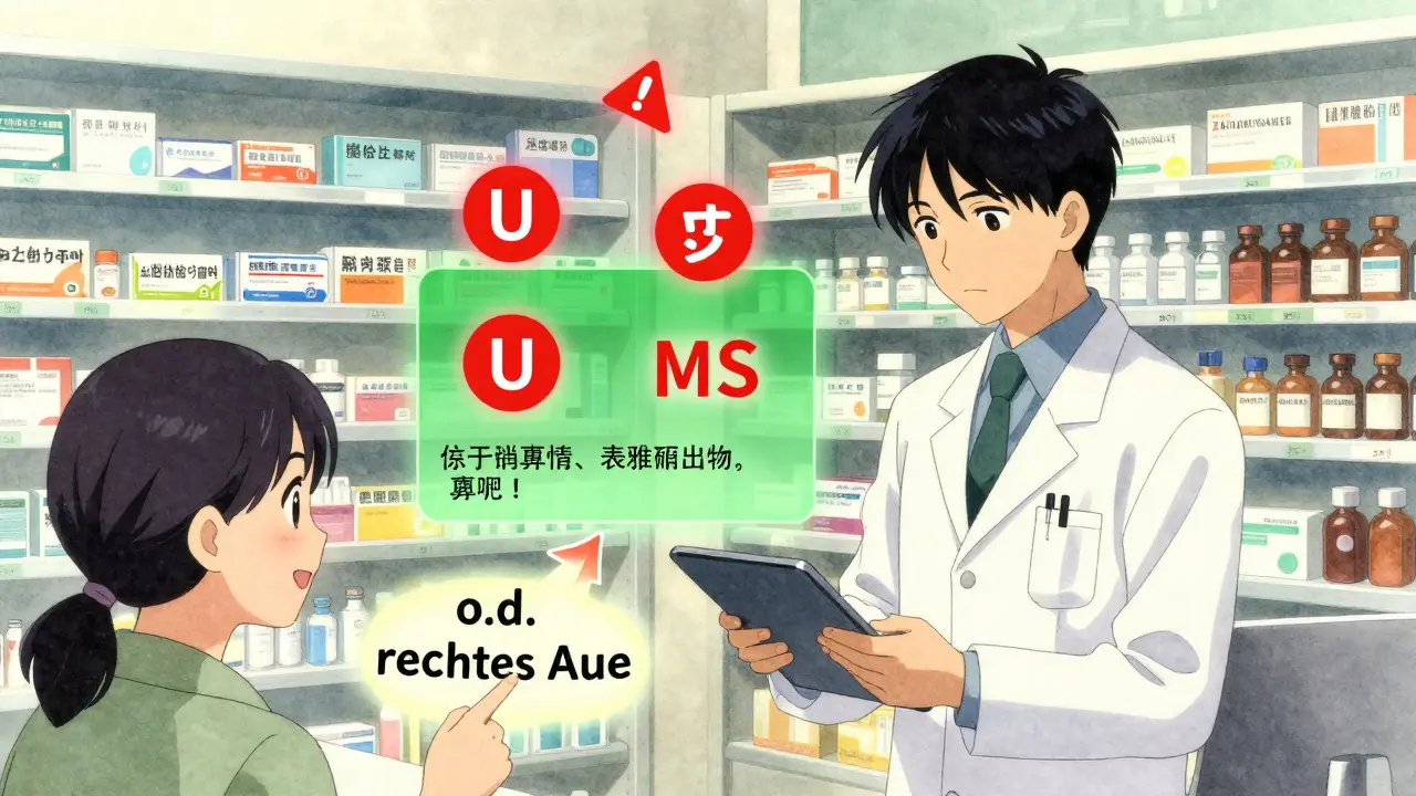 Eine Apothekerin übersetzt gefährliche Abkürzungen auf einem Tablet, während grüne Übersetzungen in der Luft erscheinen.