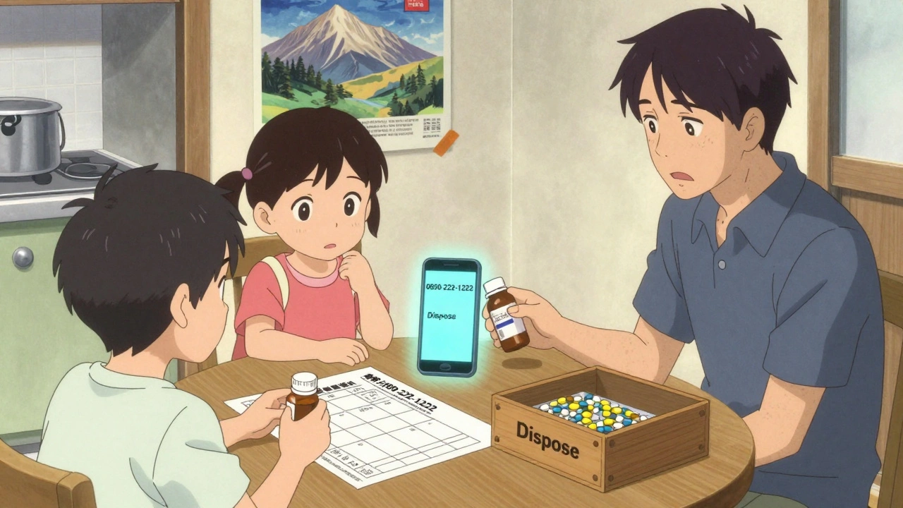 Eine Familie prüft eine Medikamentenliste am Tisch, ein Smartphone zeigt die Giftinformationsnummer.