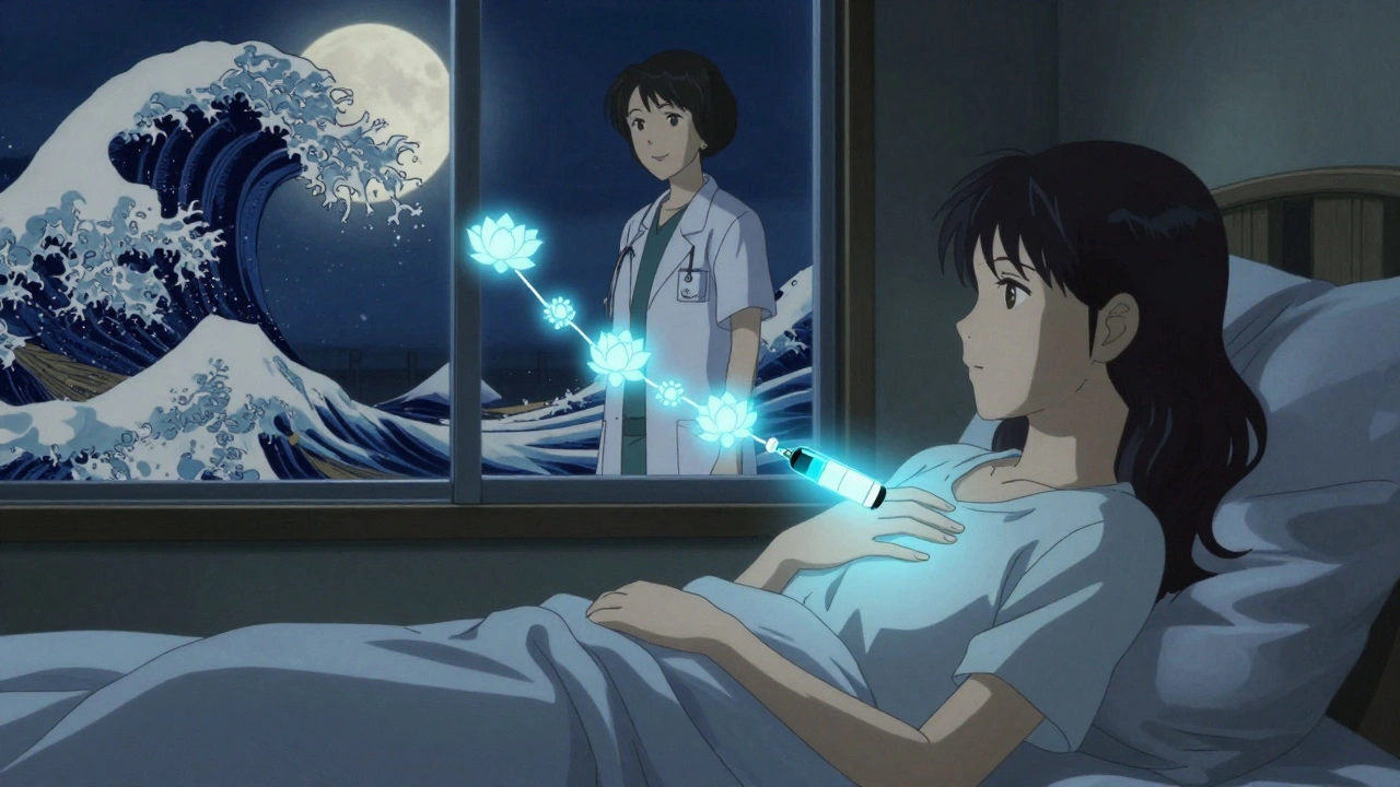 Frau liegt im Bett, von einem sanften Licht umgeben, das eine medizinische Injektion symbolisiert.