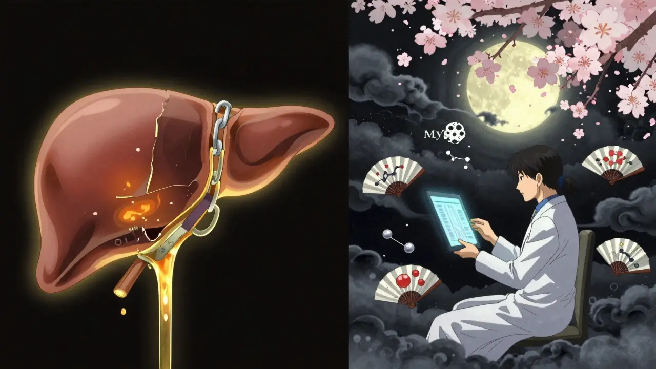 Gespaltenes Bild: gesunder Leberstoffwechsel vs. zerfallender Mythos in japanischem Anime-Stil.