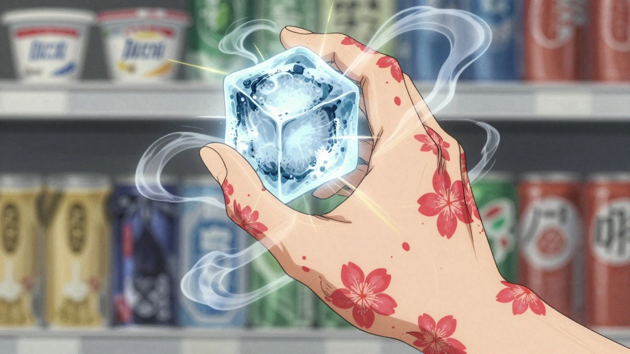 Hand hält Eiswürfel, rote Nesseln breiten sich wie Blütenblätter auf der Haut aus.