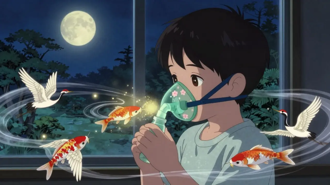 Kind mit Blumenmuster-Maske atmet ruhig, Luftströme als Kraniche und Koi-Fische, Mondlicht erhellt friedliche Gartenlandschaft.