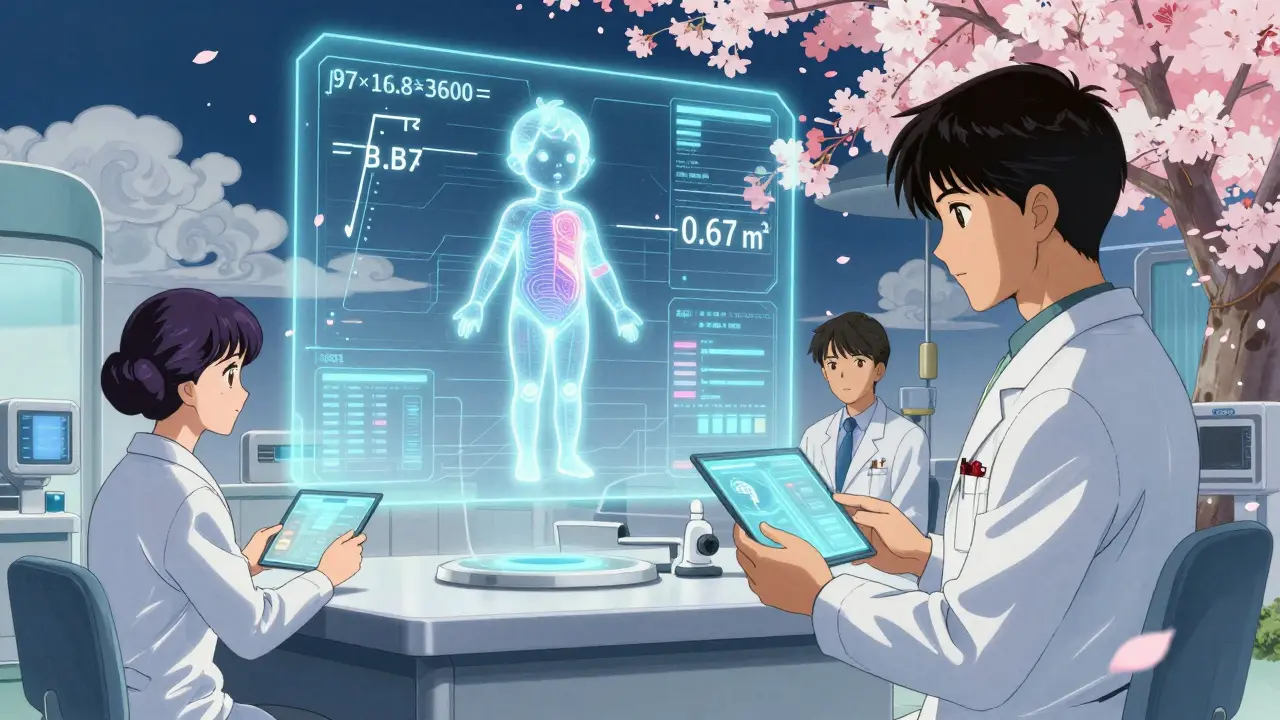 Künstliche Intelligenz projiziert eine 3D-Körperoberflächenberechnung für ein Kind in einem futuristischen Krankenhaus.