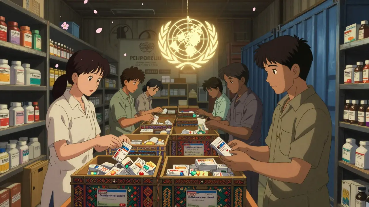 Lagerhaus in Indien mit Arbeitern, die Generika für Afrika verpacken, WHO-Siegel schwebt darüber.