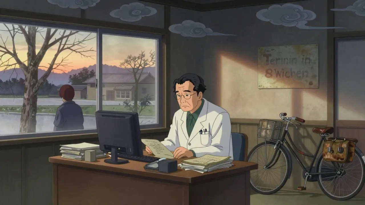 Ländliche Arztpraxis mit alleinigem Arzt und Patienten, der lange auf einen Termin wartet.